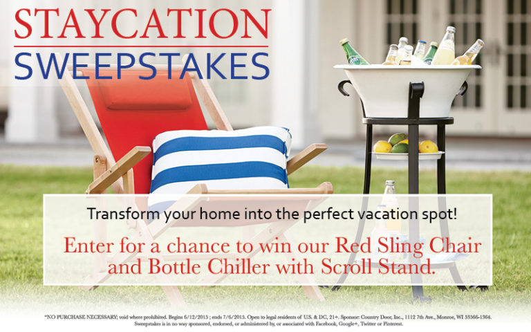 Staycation Sweepstakes – A red sling chair with a blue stripe pillow, and a beverage stand – Rules for entering.