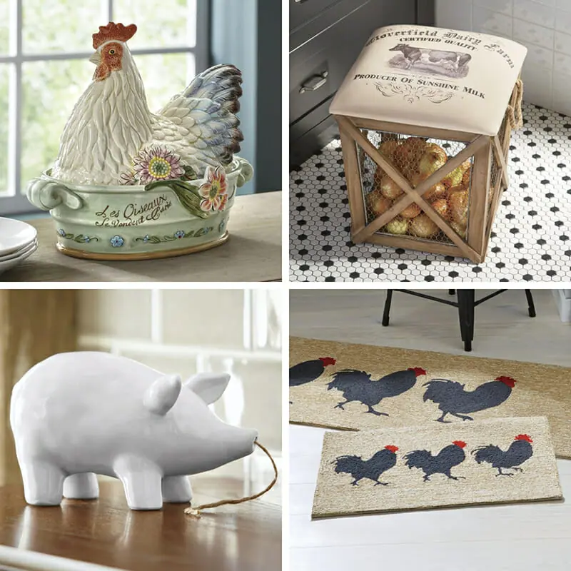 Farmhouse kitchen accents of a pig string holder, black roosters mat, a wood and wire bin, and a sitting chicken tureen.