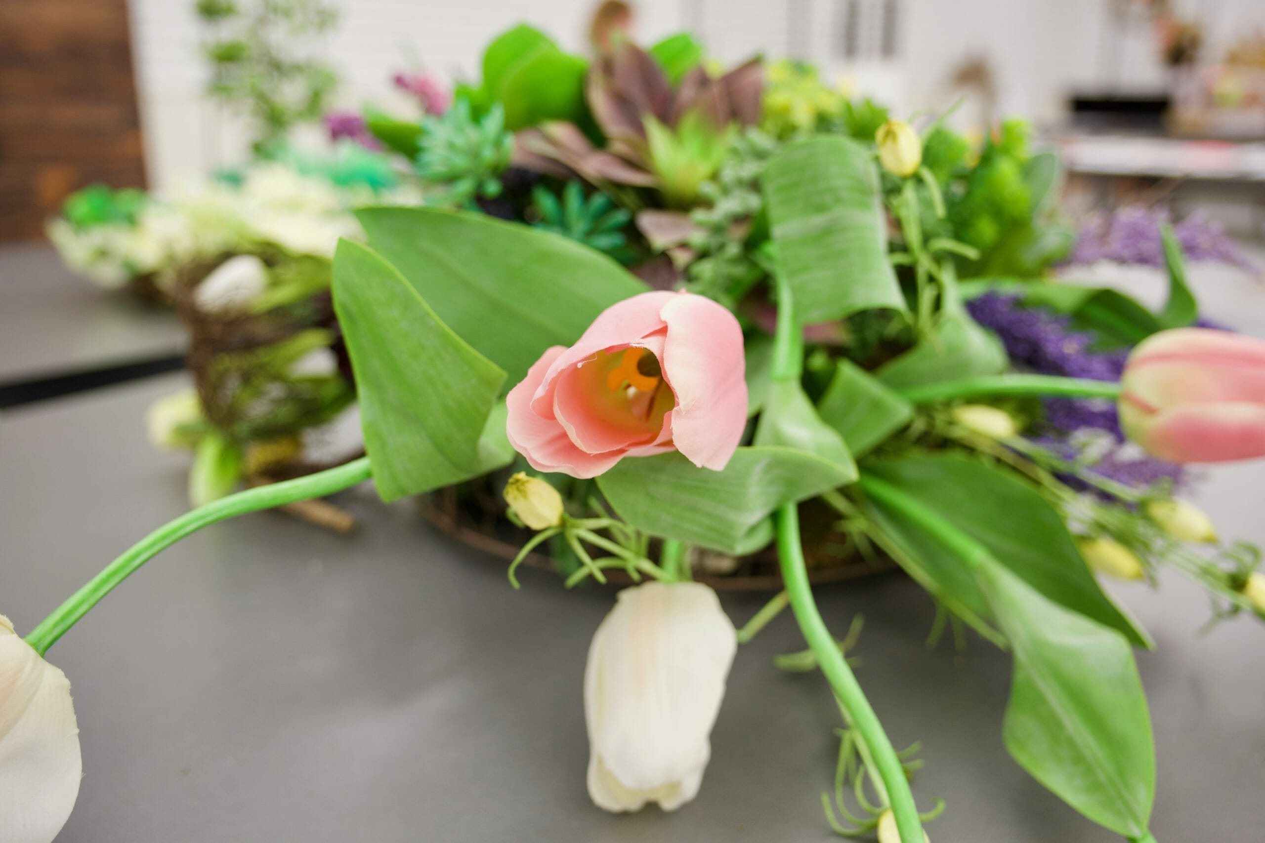 closeup of tulips on a spring wreath