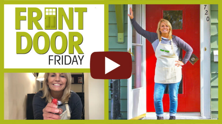 woman standing in front of red front door for Front Door Friday