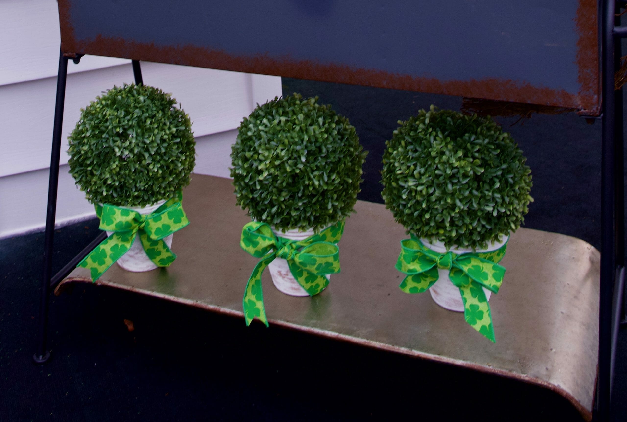 Three white flower pots with green shamrock bows and green topiaries