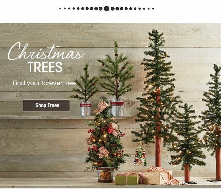 Christmas Trees – Seven different trees, lit or decorated, by a whitewashed wood plank wall – Shop Trees linking button.