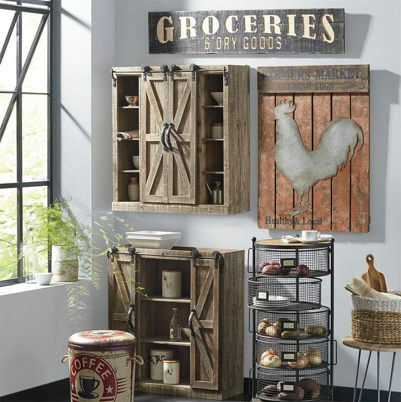 Grocery & Dry Goods wood sign, rustic rooster wall art, barn wood wall shelf with sliding doors, and matching cabinet.
