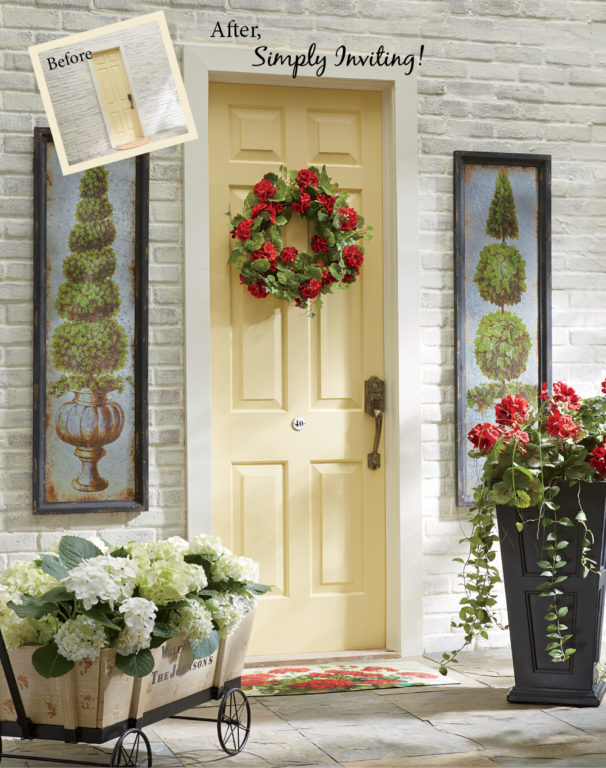 Before and After – A red geranium wreath on a yellow front door, topiary wall art, and a tall planter with red geraniums.