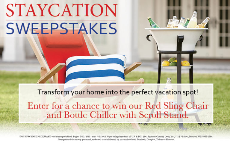 Staycation Sweepstakes – A red sling chair with a blue stripe pillow, and a beverage stand –  Rules for entering.
