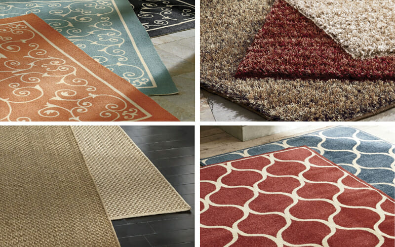 Four views of different styles of stacked rugs, in shades of rust, blue, tan, brown, and beige.