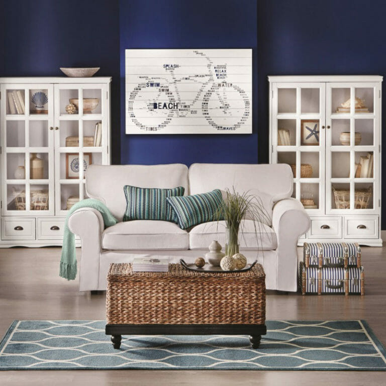 White loveseat with weave basket-like coffee table, 2 white with glass doors cabinets