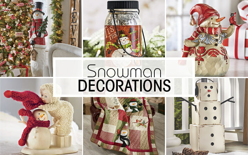 Tall wood snowman, snowman lantern jar, snowman figurines, and snowman throw