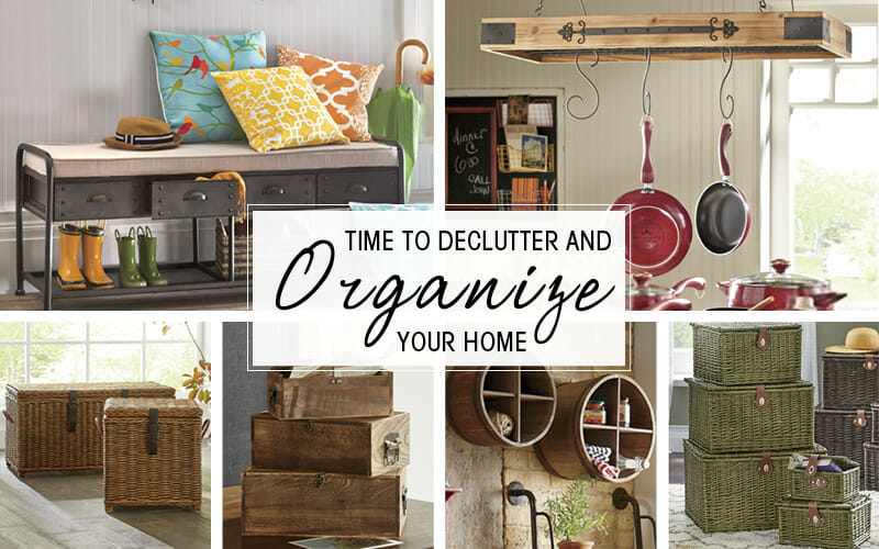 Time to Declutter and Organize Your Home – Woven baskets with lids, hanging pot holder, metal entry bench with drawers.