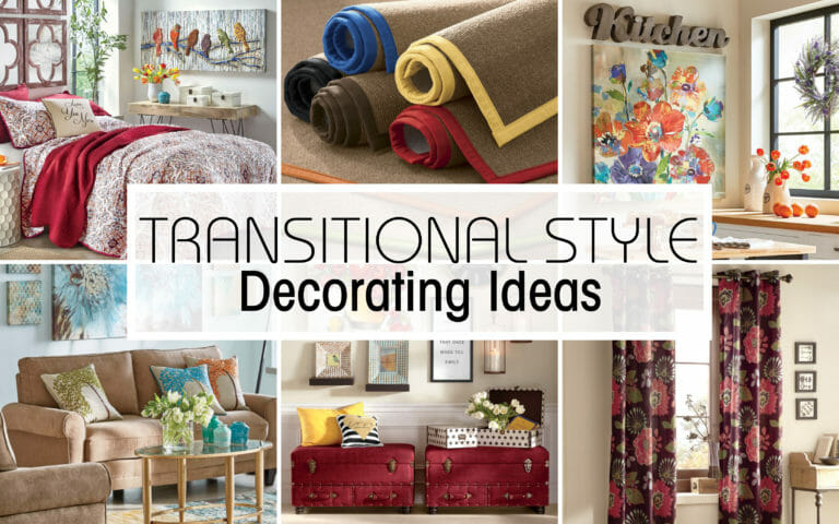 Transitional Style Decorating Ideas – Red trunk benches, floral canvas, tan sofa with pillows, and wall art of 3D birds.