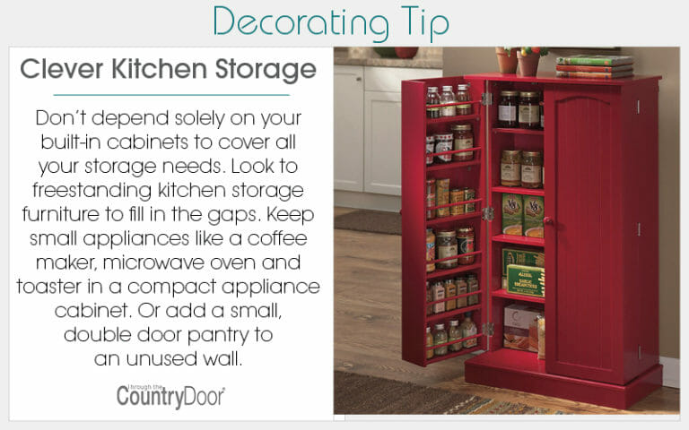 Clever Kitchen Storage –A short, two-door red cabinet filled with pantry items, including spices on the door shelves.