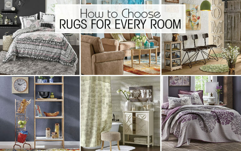 How to Choose Rugs For Every Room – Six different views of every room of the house, with different kinds of area rugs.
