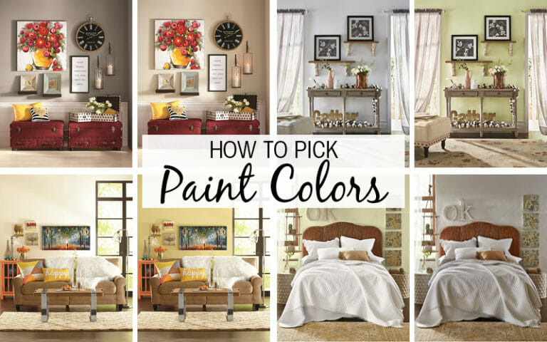 How to Pick Paint Colors – Two views of four rooms with the same furnishings, and the effect with different wall colors.