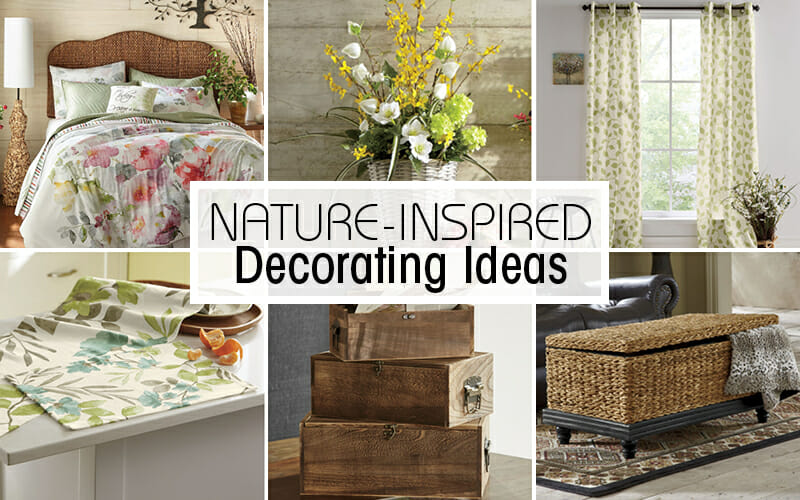 Nature-Inspired Decorating Ideas – Floral bedding, a floral arrangement, placemats, a seagrass storage table.