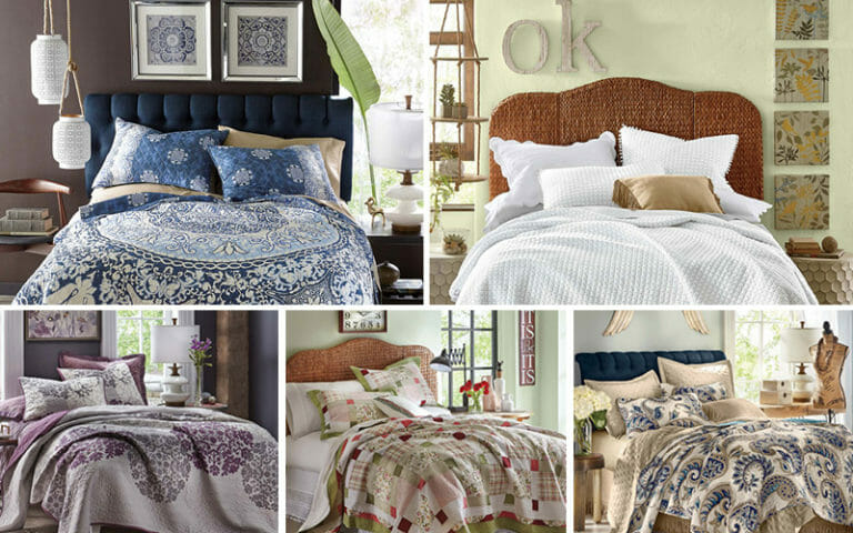 Five different bedrooms with different colors and patterns of bedding sets.