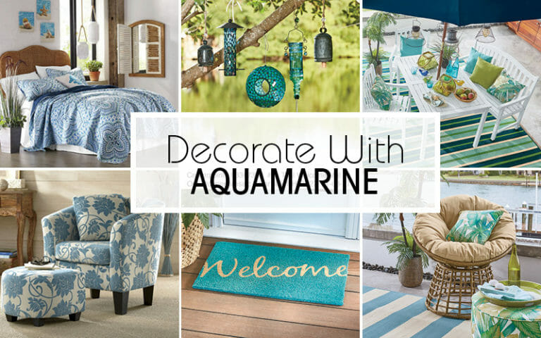 Decorate With Aquamarine – Six views, including bedding, bird feeders, patio rugs and a doormat, and a chair and ottoman.