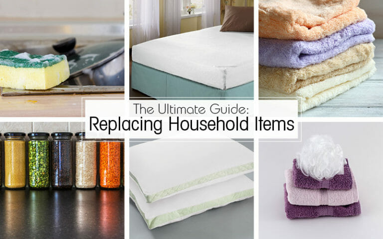 The Ultimate Guide: Replacing Household Items – A sponge, a mattress, towels, spices, pillows, and a bath pouf.