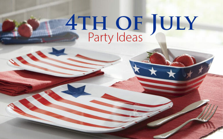 4th of July Party Ideas – A stars and stripes dinnerware place setting on a picnic table with a red placemat and napkin.