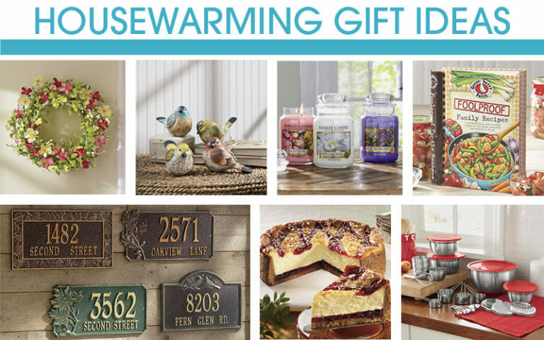 Housewarming Gift Ideas – A wreath, bird figurines, candles, cookbook, address signs, cheesecake, and storage containers.