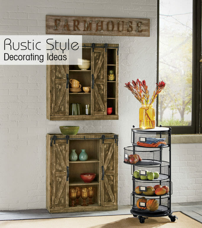 Rustic Style – Two rustic cabinets with sliding barn doors, one used as a wall cabinet and one on the floor.