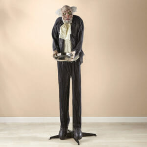 A tall spooky standing butler in a tattered black tux, holding a silver serving tray.