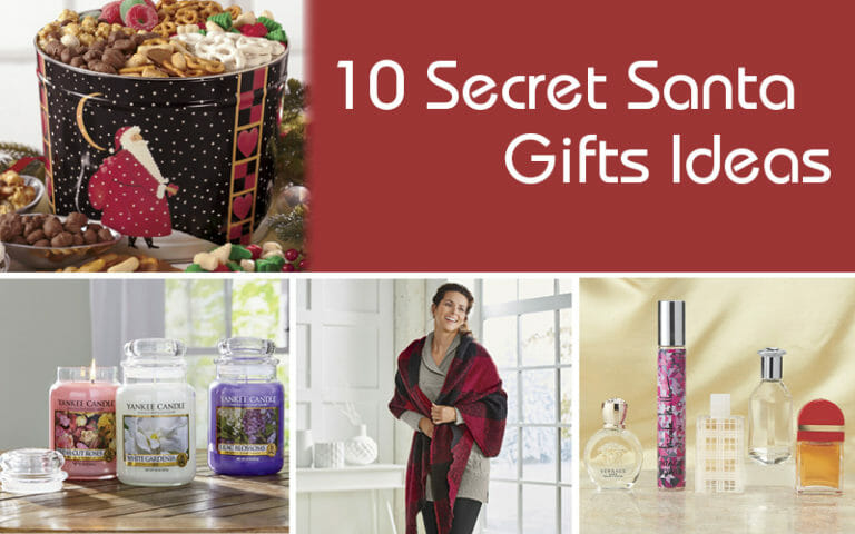 10 Secret Santa Gift Ideas – Four views of fragrances, a blanket shawl, lit Yankee candles, and a treats tin.