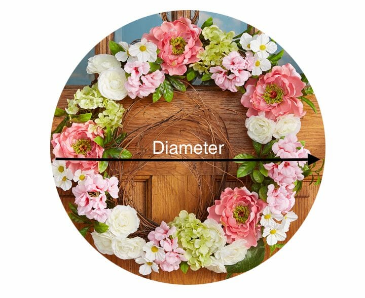 A round photo of a floral wreath on a wood door, with an arrow across it, showing how to measure the diameter.