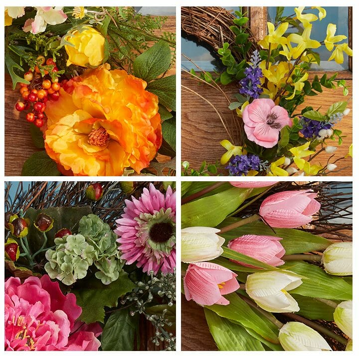 Close-up sections of four different floral wreaths, including pink and white tulips, forsythia, pink peonies, and orange roses.