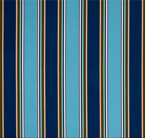 Bonfire Regata – A fabric swatch in a multicolor stripe in navy, light blue, yellow and green.