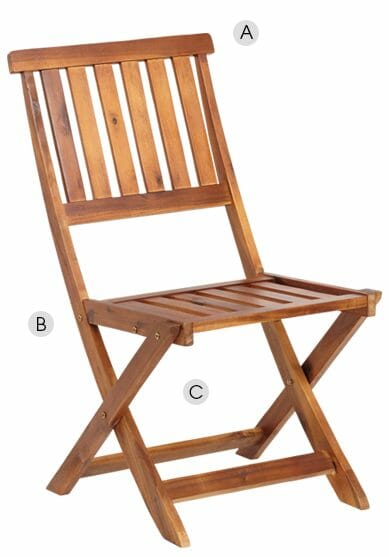 A wood folding chair labeled A for back, B for seat, and C for height.