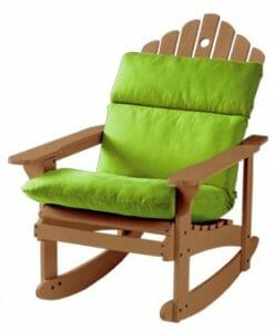 A green seat and high back cushion on a brown wood rocking chair.