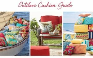 Outdoor Cushion Guide – Twenty different colors and patterns of pillows and nine different matching ottomans.