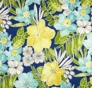 Clemens Sunblue – A fabric swatch in a watercolor and line art floral in teal, yellow, green, and white.