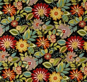 Fresco Jungle – A fabric swatch in a multicolor floral pattern with a black background.