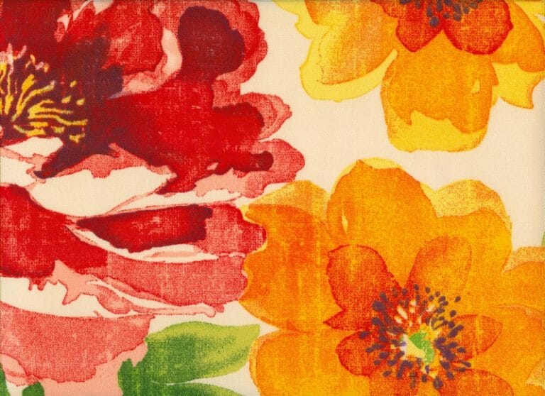 Muree Primrose – A fabric swatch of a watercolor floral in reds, yellows, and green on a cream background.