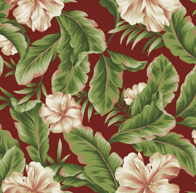 Palm Garden – A fabric swatch in a tropical hibiscus with green leaves on a burgundy background.