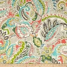 Springtime – A fabric swatch in a paisley floral pattern in teal, rose , tan, and green.