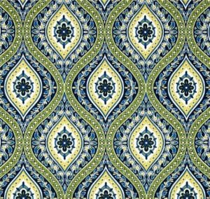 Summer – A fabric swatch in a baroque floral pattern in blue, lime, navy, and yellow.