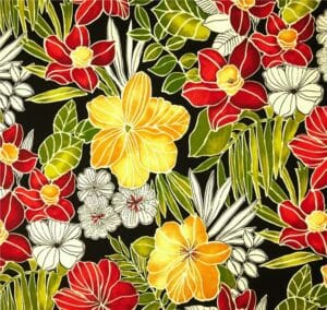 Clemens noir – A fabric swatch in a watercolor and line art floral in red, yellow, green, and white.