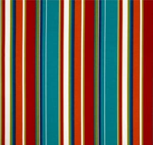 covert stripe – A fabric swatch in a multicolor stripe in reds, teal, white, and moss.