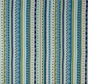 Fresco Waterside – A fabric swatch in a boho patterned stripe in shades of teal, lime, and gray.