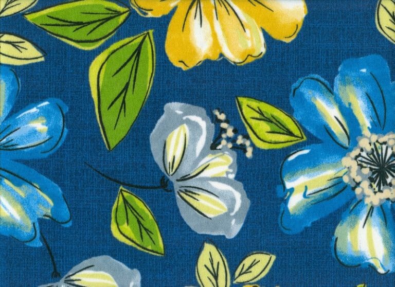 Royal – A fabric swatch in a line drawing floral in blue, yellow, green, and gray.