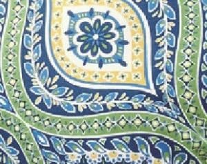 A fabric swatch in a blue, green and yellow baroque pattern.