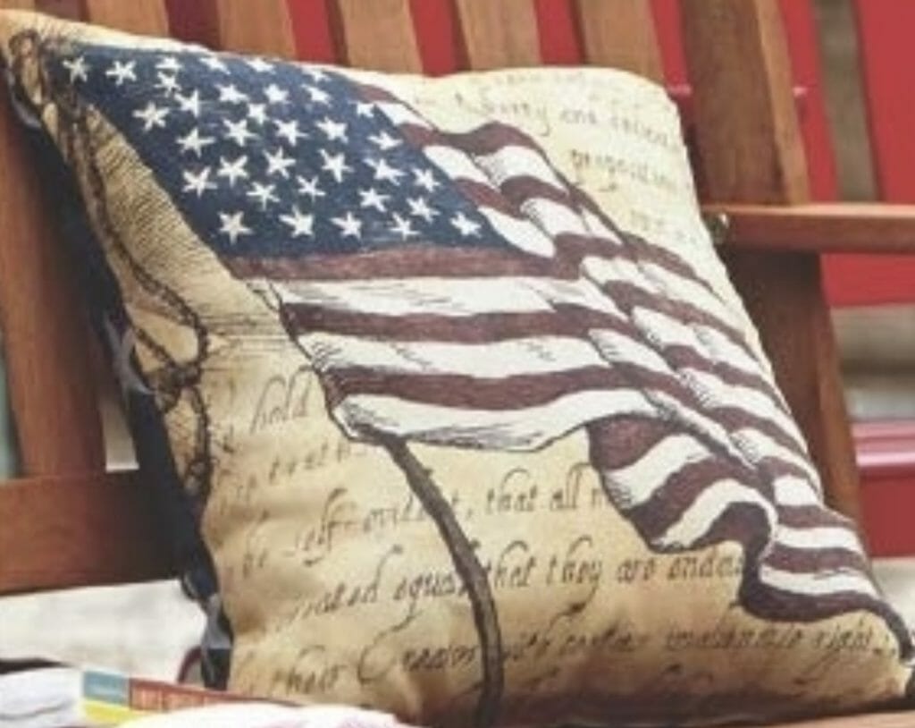 freedom pillow front has flag and excerpts from the Declaration of Independence and the blue back is adorned with stars
