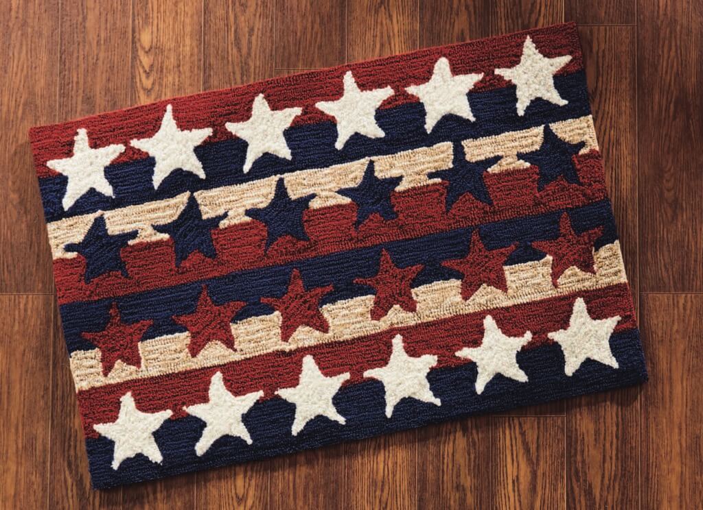 Patriotic red, white, and blue stars and stripes doormat.
