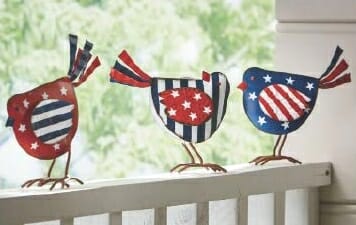 set of three double-sided sheet metal birds painted and distressed in patriotic colors