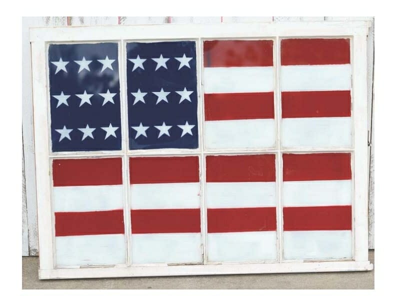 white eight-paned window with hand painted American flag on glass for Patriotic look
