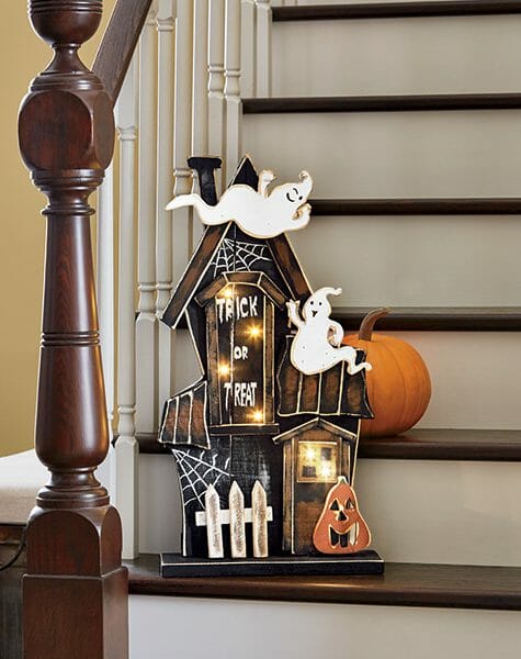Halloween chunky wood haunted house with lights and ghosts