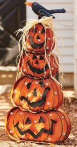 metal LED stacked distressed pumpkins with black crow on top