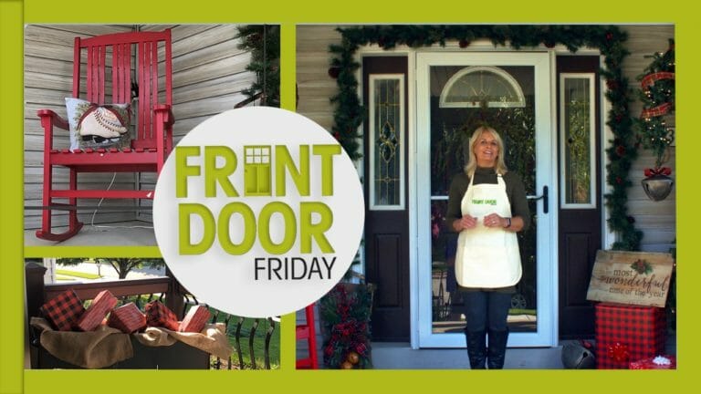 FRONT DOOR FRIDAY – A red rocking chair with pillow, a woman in front of a front door with garland, a wreath, and presents.
